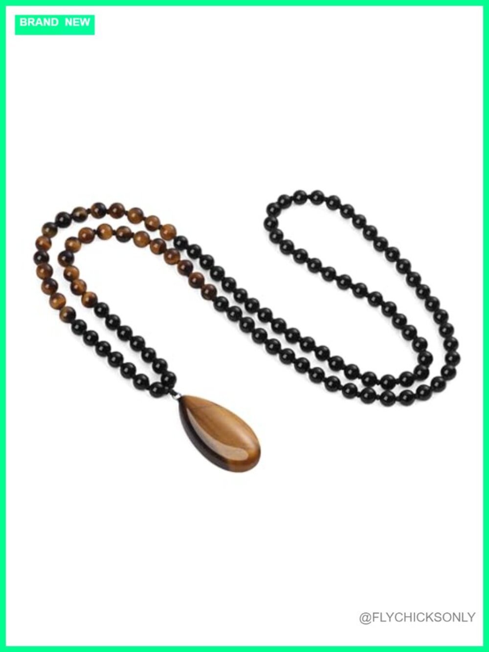 108 Mala Beaded Necklace Tiger Eye Teardrop Pendant Hand-Knotted